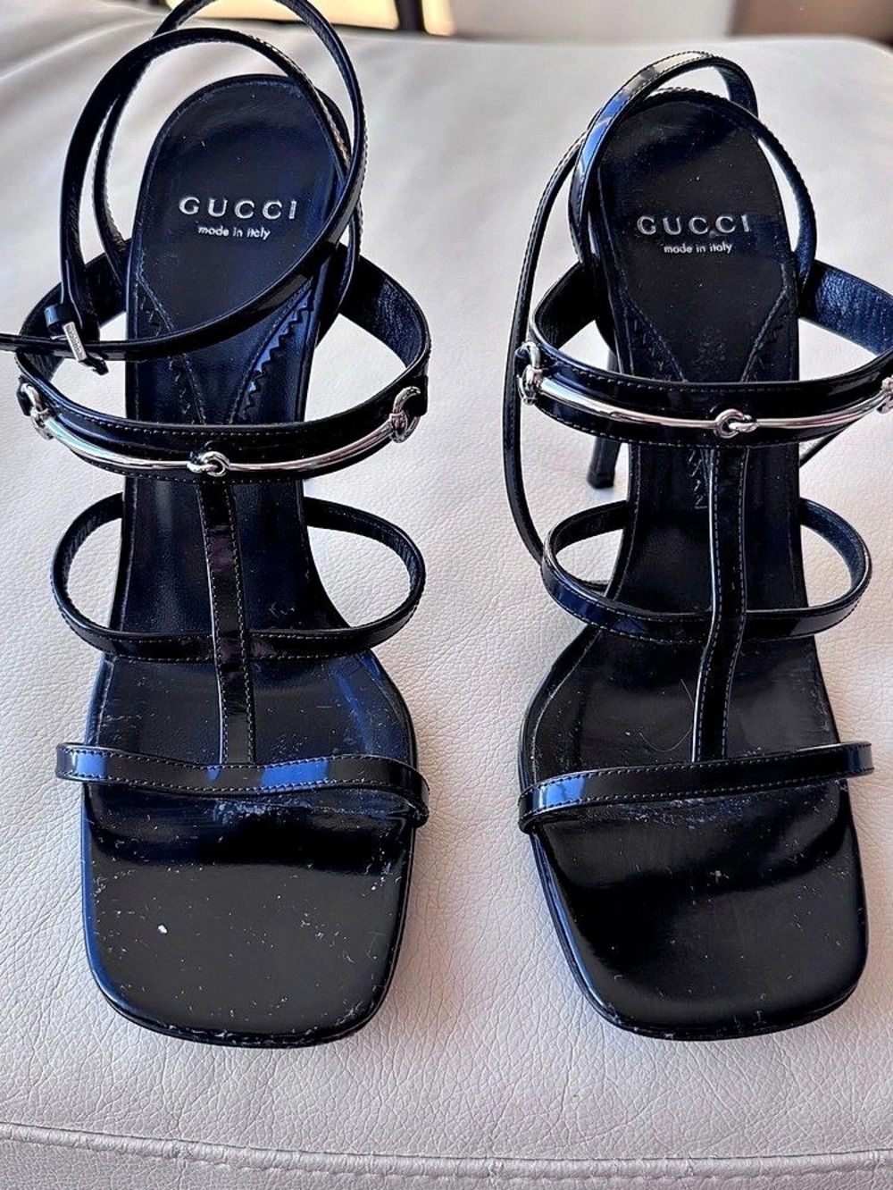 Gucci Horsebit Strappy Patent Leather Heels Black